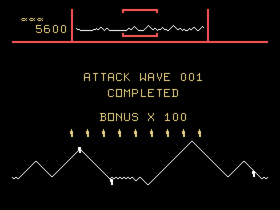 Defender TI-99/4A Screenshot: Attack wave 001 completed.