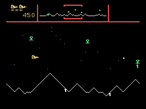Defender TI-99/4A Screenshot: You need to save humans if they are captured by a lander.