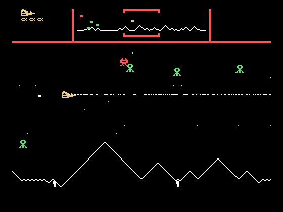 Defender TI-99/4A Screenshot: Landers turn into the red mutants if they carry a human to the top of the screen.