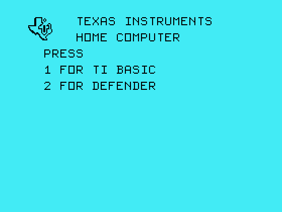 Defender TI-99/4A Screenshot: TI-99/4A main menu.
