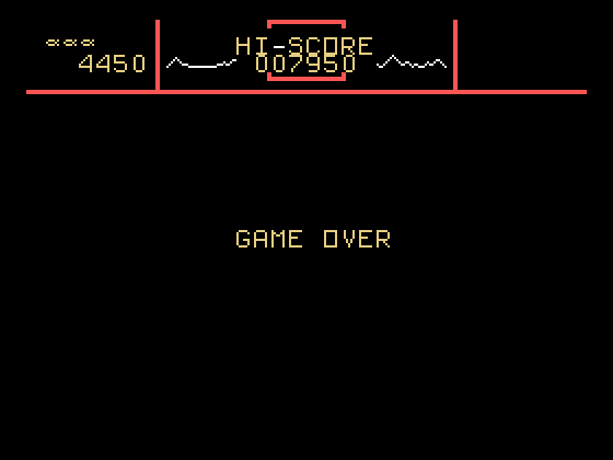 Defender TI-99/4A Screenshot: Game over.