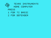 Defender for TI-99/4A - TI-99/4A main menu.