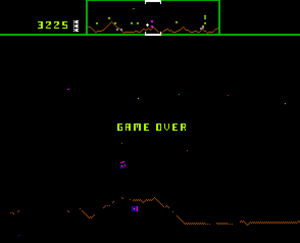 Defender Arcade Screenshot: Game over.