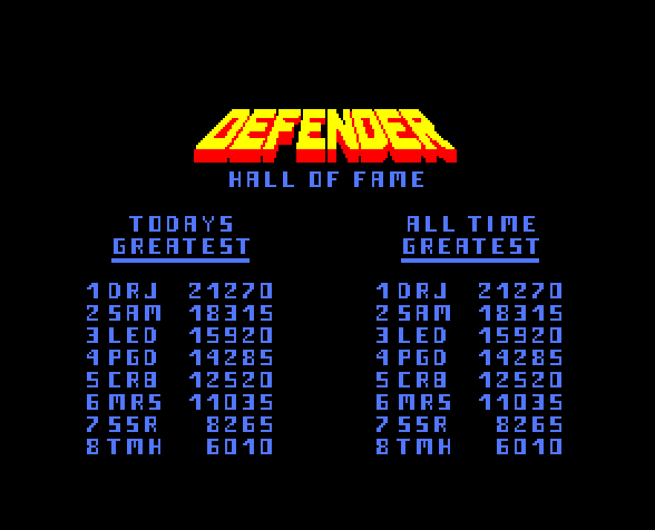 Defender Arcade Screenshot: The high score table.