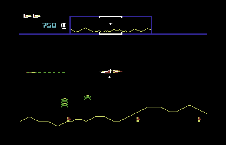 Defender Commodore 64 Screenshot: You can fly to the left or right in Defender.