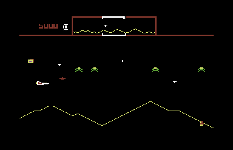 Defender Commodore 64 Screenshot: Additional types of enemies appear after the first wave.