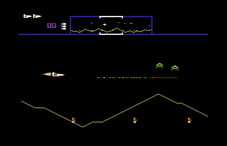 Defender Commodore 64 Screenshot: Game start; blasting some landers!