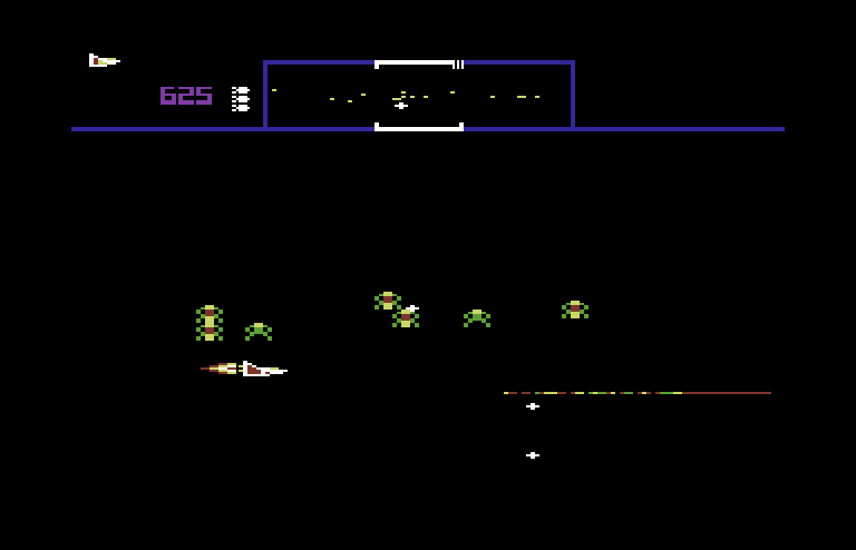 Defender Commodore 64 Screenshot: Numerous mutants attack if the city is destroyed.