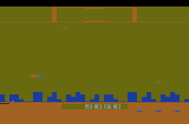 Defender Atari 2600 Screenshot: Game over; the screen flashes different colors as a sort of screensaver.