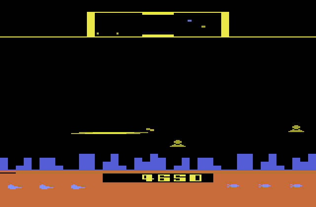 Defender Atari 2600 Screenshot: The ship disappears when firing in the Atari 2600 version.
