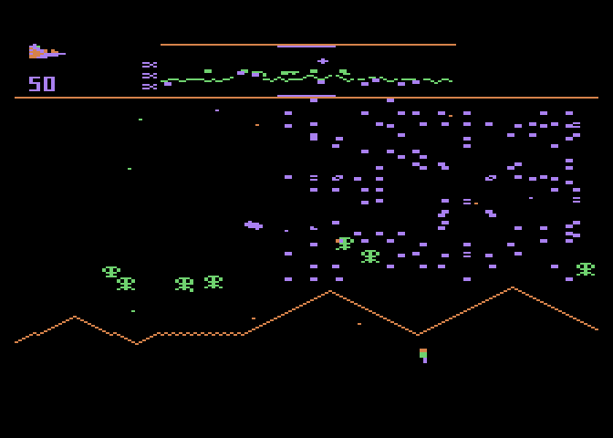 Defender Atari 8-bit Screenshot: I'm hit and my ship is destroyed!