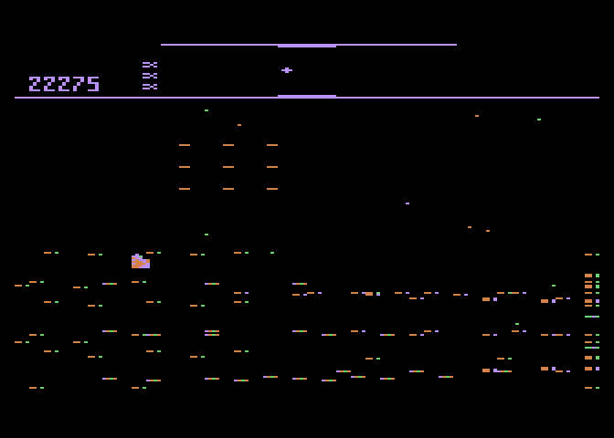 Defender Atari 8-bit Screenshot: Oops, the city is destroyed...