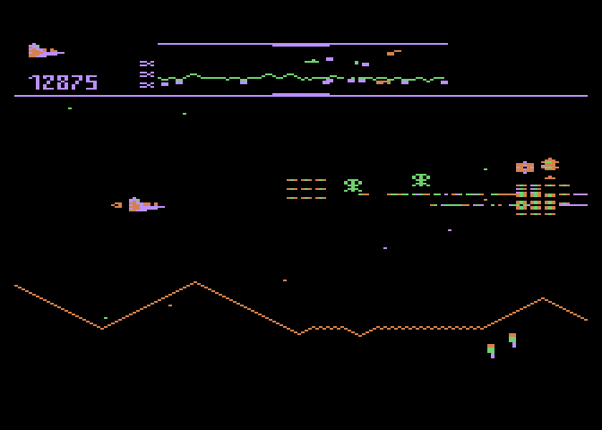 Defender Atari 8-bit Screenshot: Shooting more opponents...