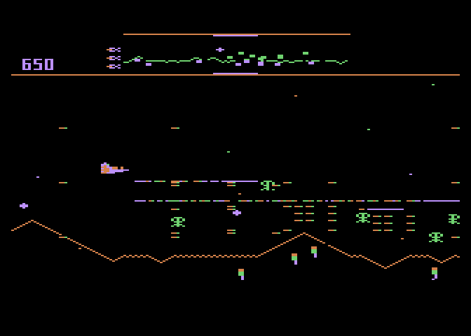 Defender Atari 8-bit Screenshot: Blasting opponents...