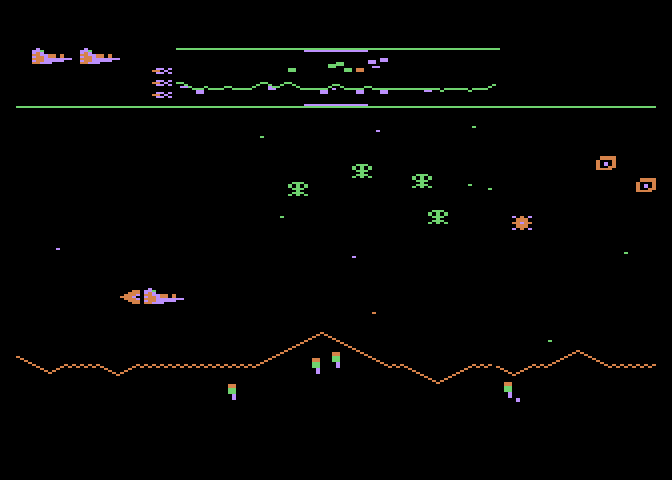Defender Atari 8-bit Screenshot: Some new types of enemies begin appearing on the second wave...