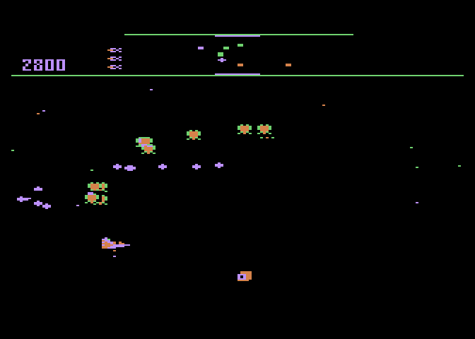 Defender Atari 8-bit Screenshot: You need to fight all mutants once a city is lost...