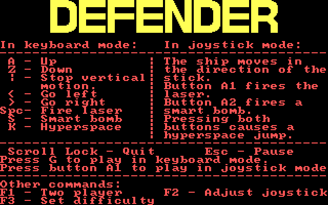 Defender IBM PC/Compatibles Screenshot: An overview of the controls and game options