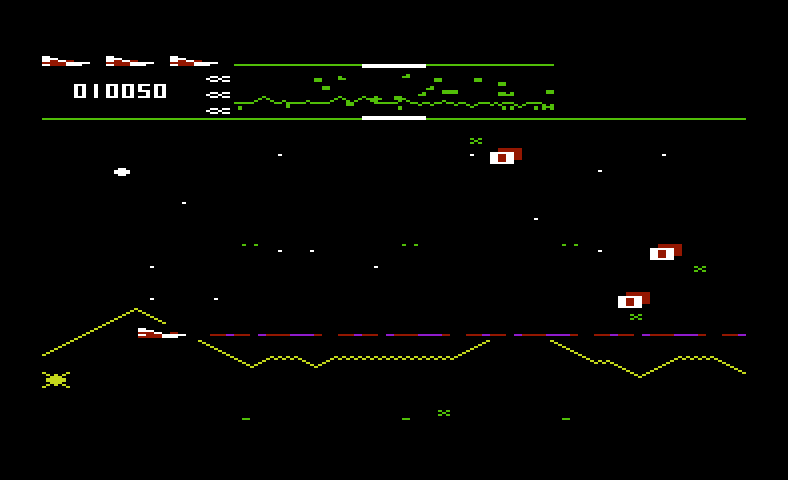 Defender Commodore VIC-20 Screenshot: Firing at opponents...