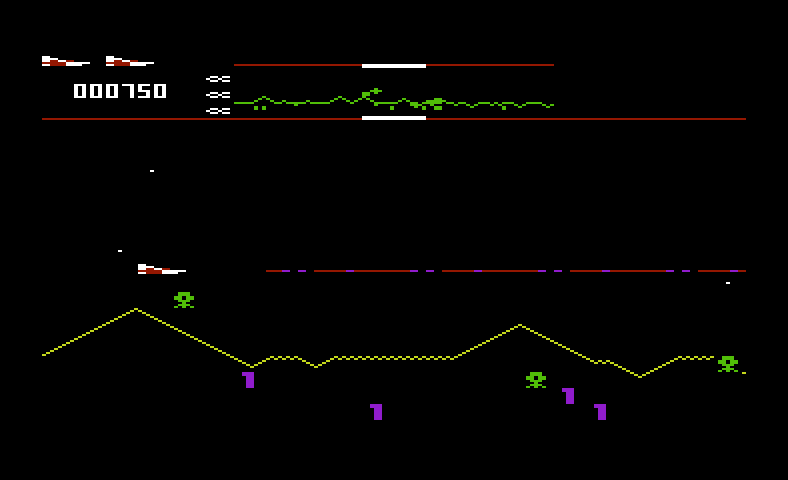 Defender Commodore VIC-20 Screenshot: Firing on alien invaders...