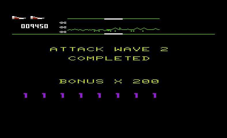 Defender Commodore VIC-20 Screenshot: Attack wave 2 completed...