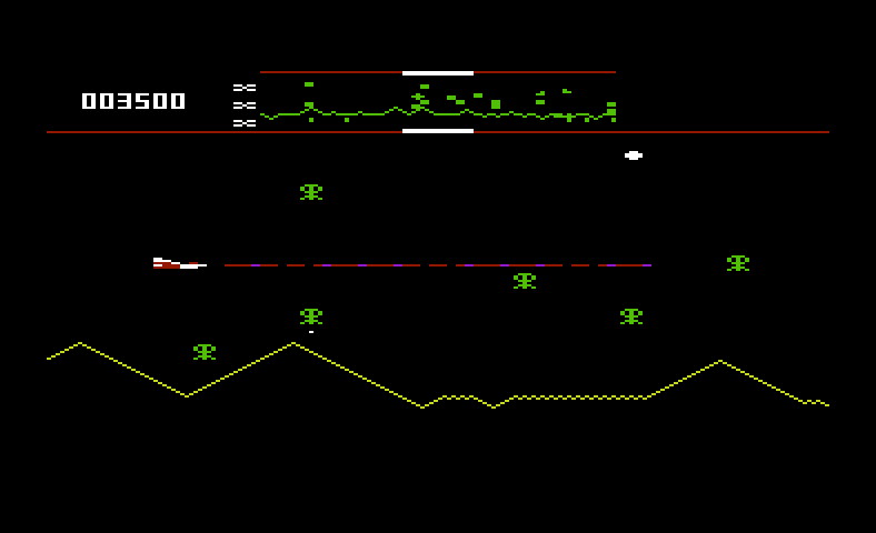 Defender Commodore VIC-20 Screenshot: The number of enemies increases as the game progresses..