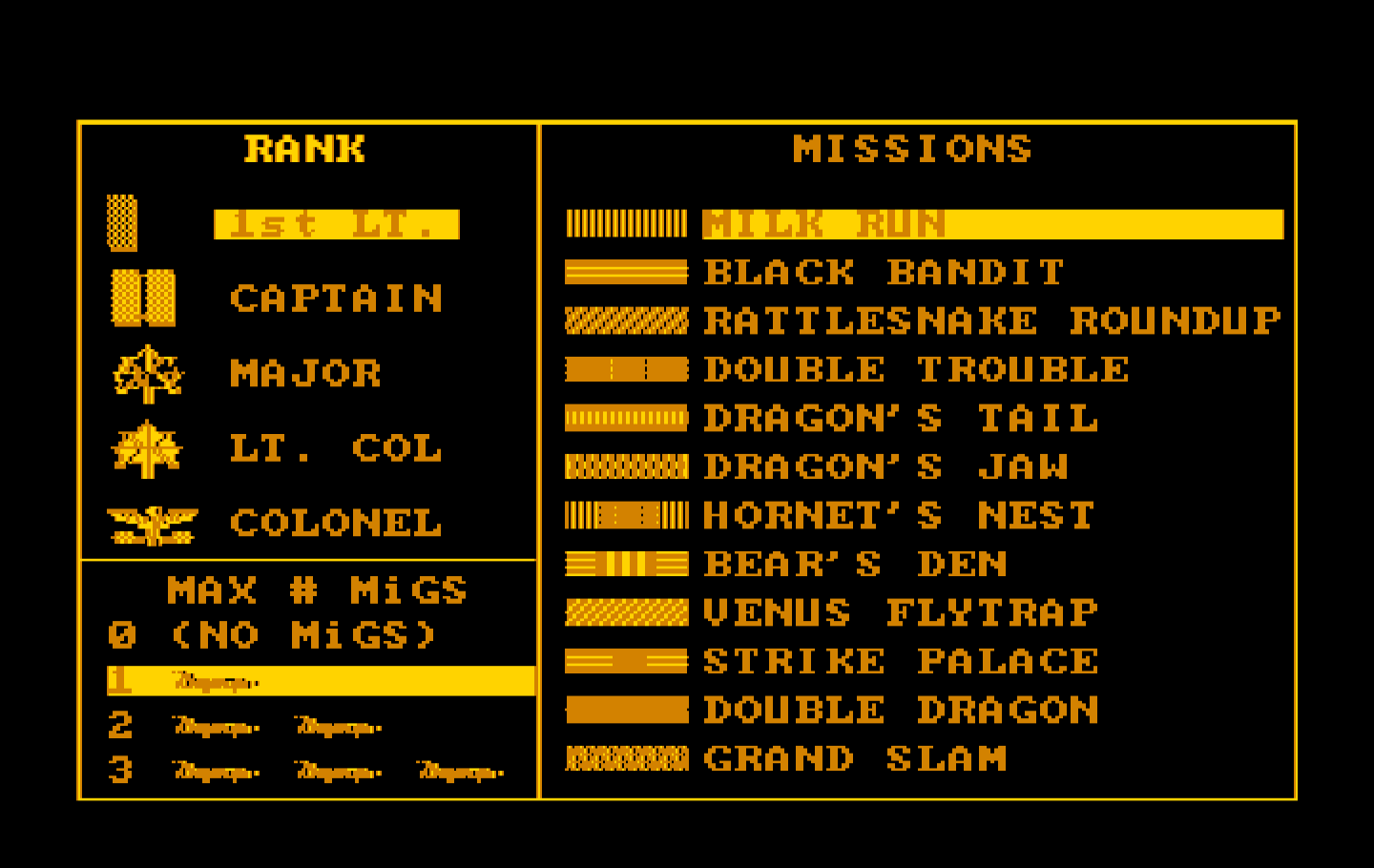 Falcon IBM PC/Compatibles Screenshot: Mission selection.