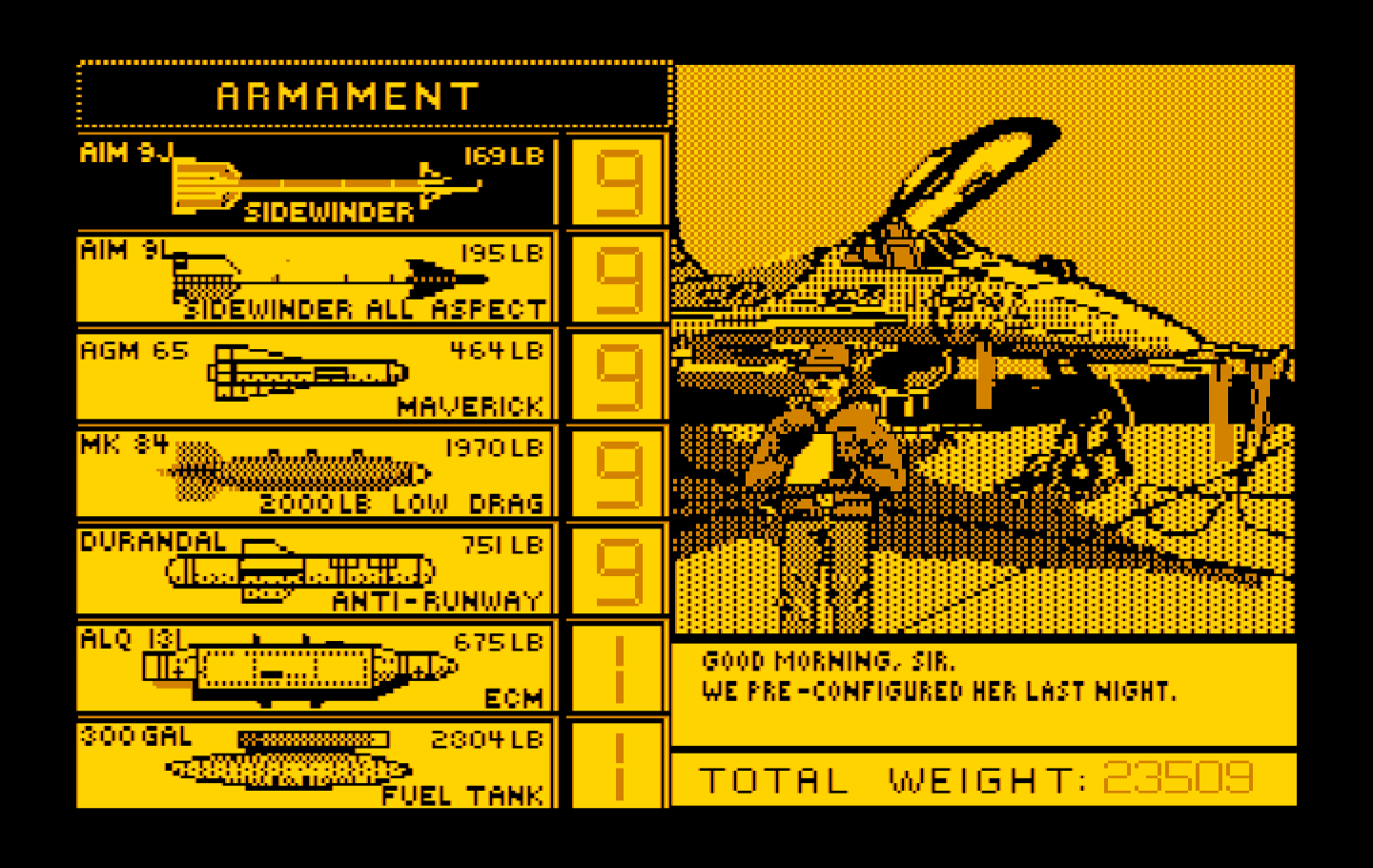 Falcon IBM PC/Compatibles Screenshot: Arming your plane.