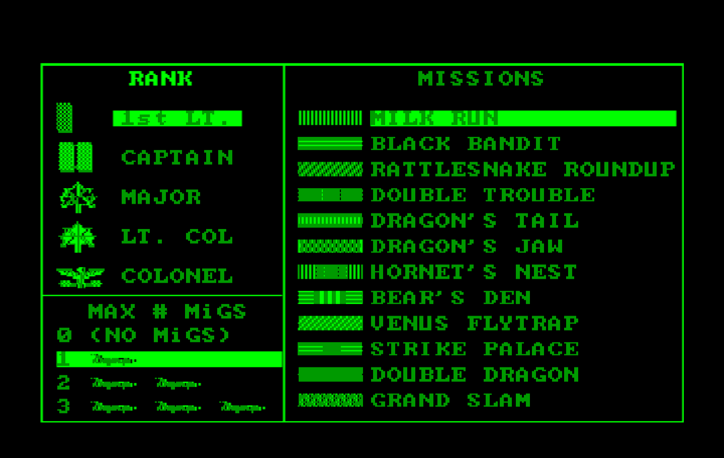 Falcon IBM PC/Compatibles Screenshot: Mission selection.