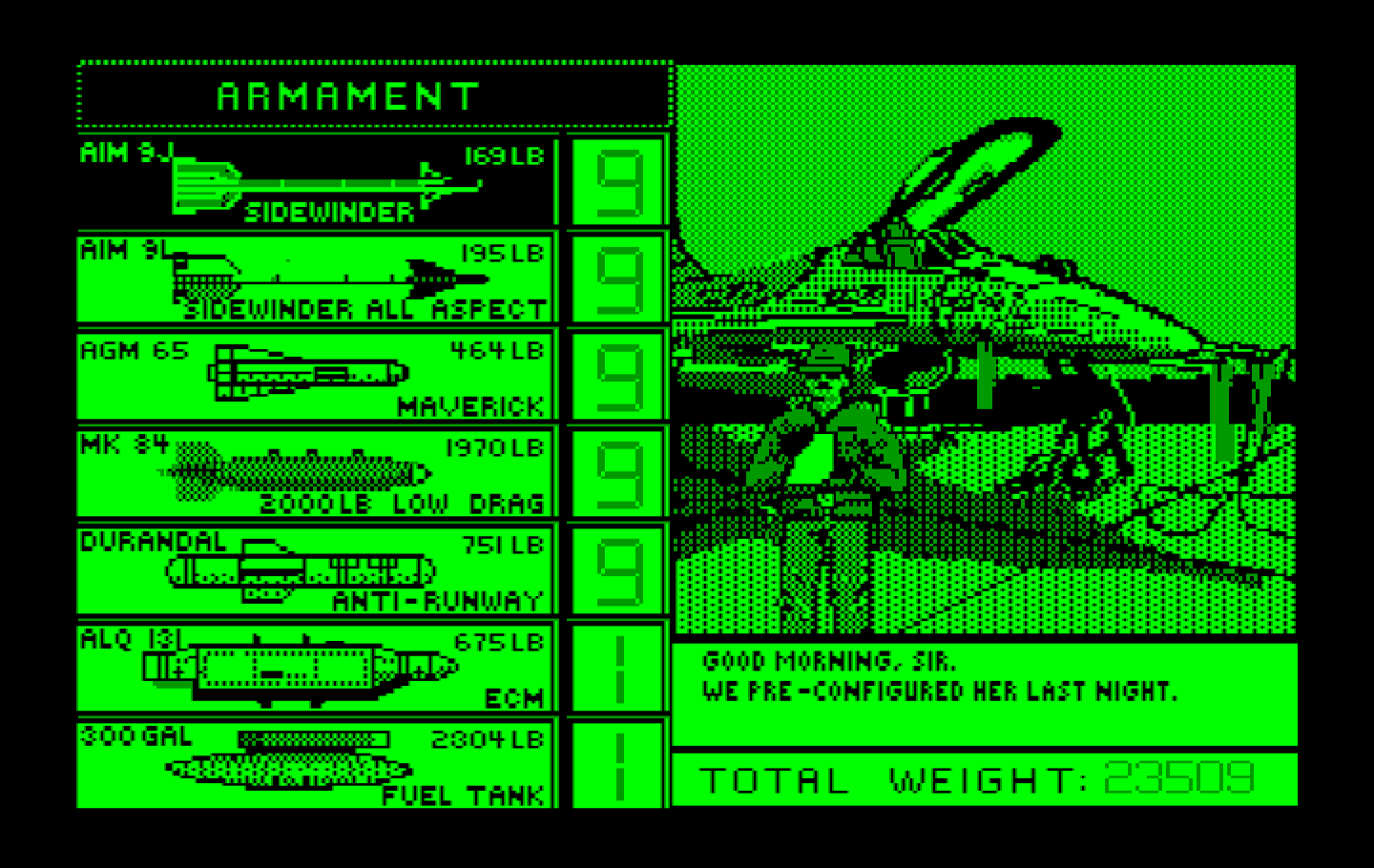Falcon IBM PC/Compatibles Screenshot: Arming your plane.