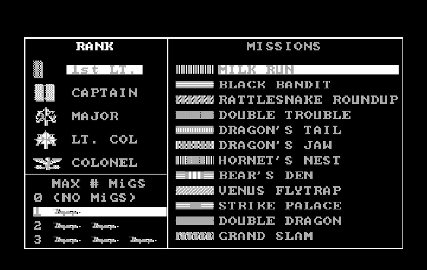 Falcon IBM PC/Compatibles Screenshot: Mission selection.