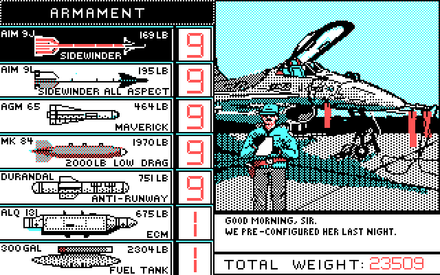 Falcon IBM PC/Compatibles Screenshot: Setting plane armaments.