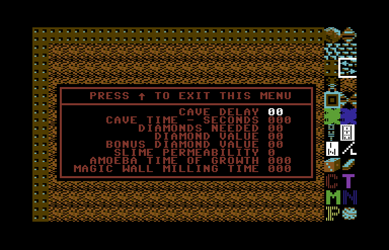 Boulder Dash Construction Kit Commodore 64 Screenshot: You can set some cave options.