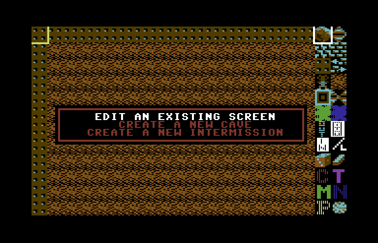 Boulder Dash Construction Kit Commodore 64 Screenshot: Edit an existing cave, or create a new one?