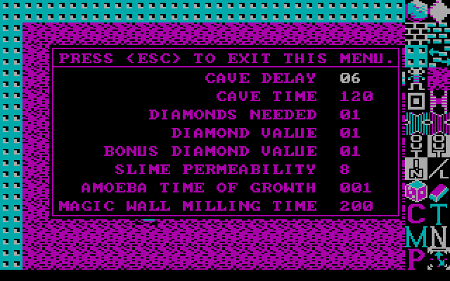 Boulder Dash Construction Kit IBM PC/Compatibles Screenshot: Some cave settings...