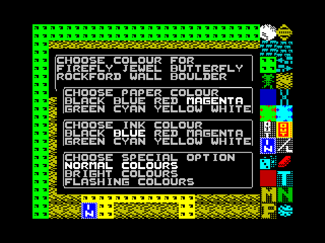 Boulder Dash Construction Kit ZX Spectrum Screenshot: You can set colors for all of the different objects.