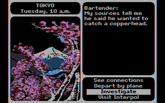 Where in the World is Carmen Sandiego? IBM PC/Compatibles Screenshot: The bartender is familiar with the suspect, I'm still on the right track!