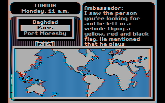 Where in the World is Carmen Sandiego? IBM PC/Compatibles Screenshot: Viewing a map to choose my next destination...