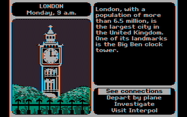 Where in the World is Carmen Sandiego? IBM PC/Compatibles Screenshot: This mystery starts in London...