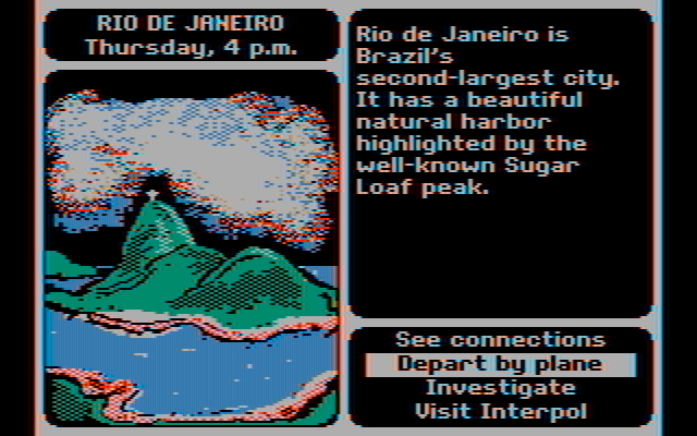 Where in the World is Carmen Sandiego? IBM PC/Compatibles Screenshot: Rio De Janeiro...a lovely city in Brazil!