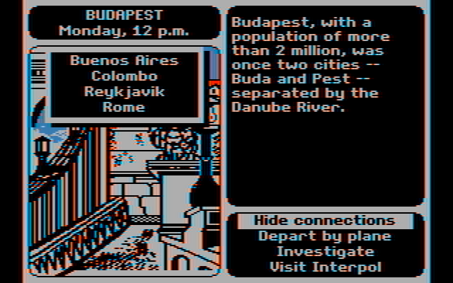 Where in the World is Carmen Sandiego? IBM PC/Compatibles Screenshot: In Budapest...here's the locations I can travel to next...
