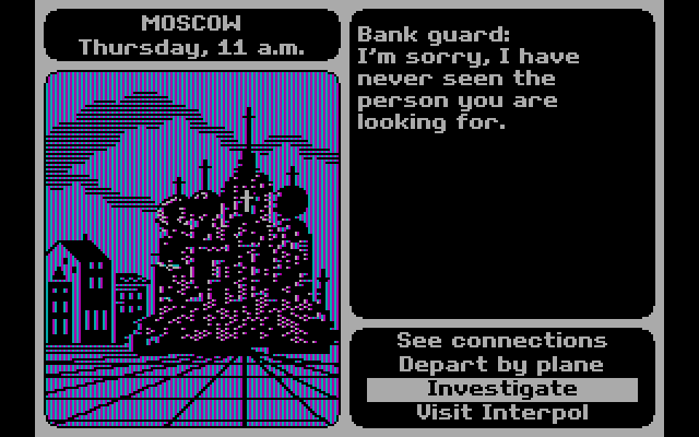 Where in the World is Carmen Sandiego? IBM PC/Compatibles Screenshot: I thought the suspect was in Moscow, but I was wrong!