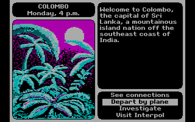 Where in the World is Carmen Sandiego? IBM PC/Compatibles Screenshot: Welcome to Colombo!