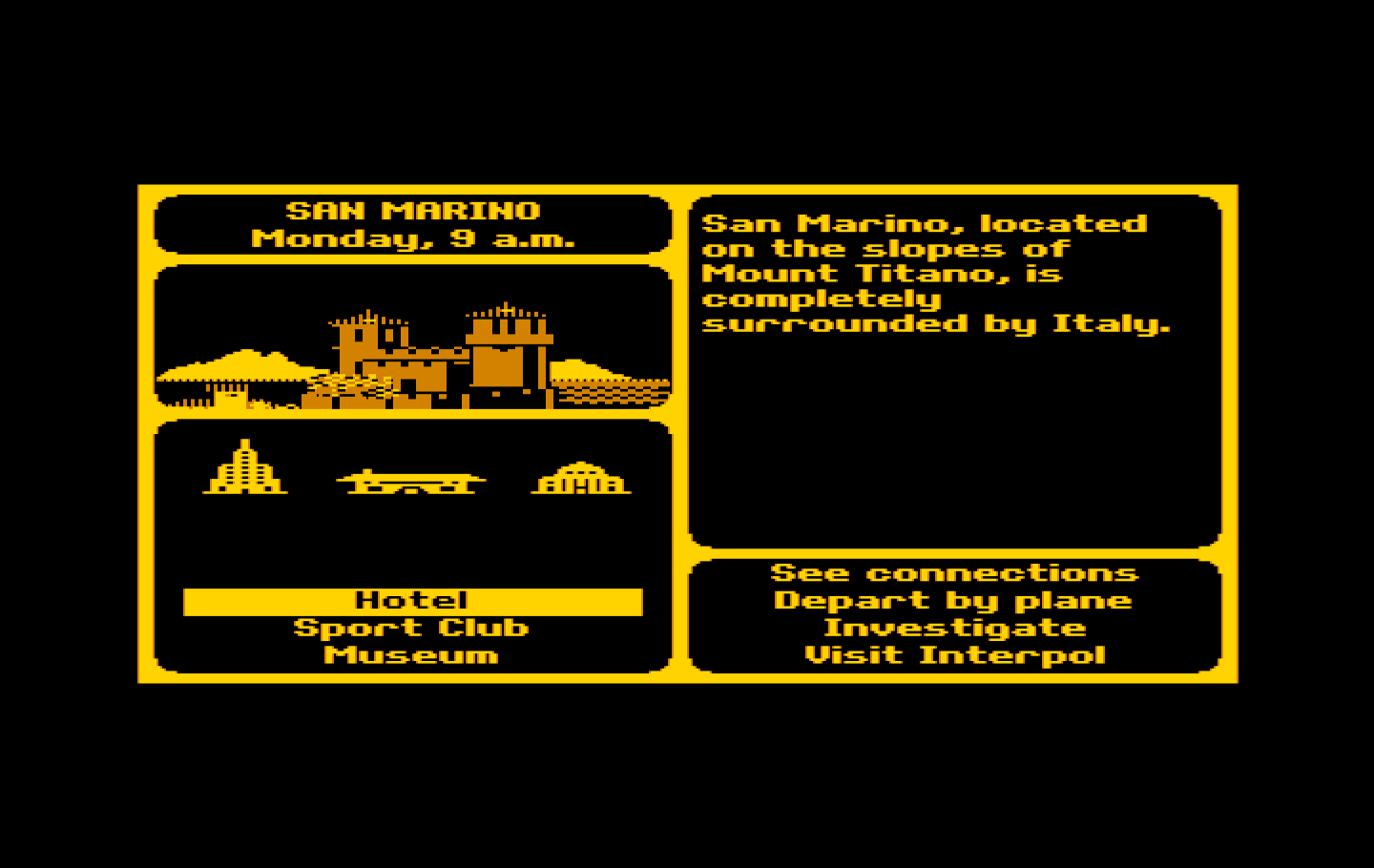 Where in the World is Carmen Sandiego? IBM PC/Compatibles Screenshot: Choose a location to investigate...