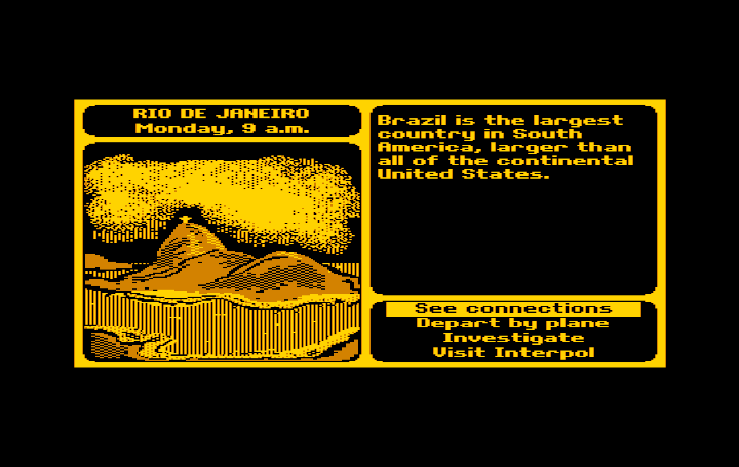Where in the World is Carmen Sandiego? IBM PC/Compatibles Screenshot: Starting a new case in Rio De Janeiro...