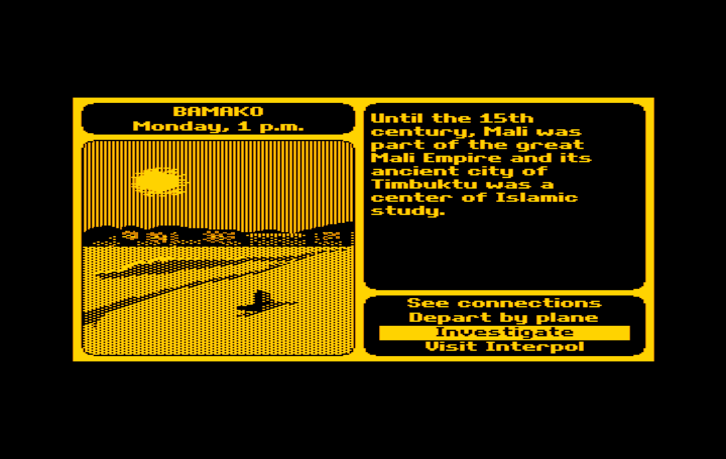 Where in the World is Carmen Sandiego? IBM PC/Compatibles Screenshot: Time to investigate Bamako...