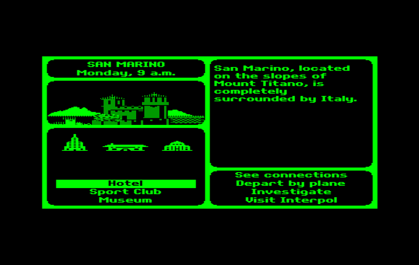 Where in the World is Carmen Sandiego? IBM PC/Compatibles Screenshot: Choose a location to investigate...