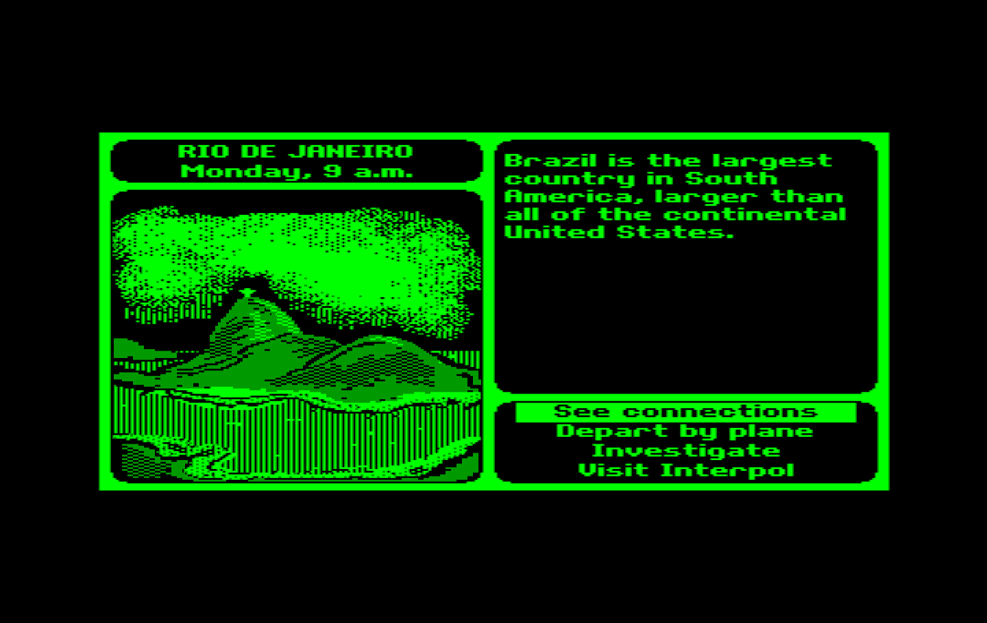 Where in the World is Carmen Sandiego? IBM PC/Compatibles Screenshot: Starting a new case in Rio De Janeiro...
