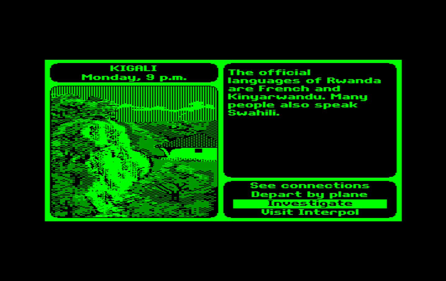 Where in the World is Carmen Sandiego? IBM PC/Compatibles Screenshot: Kigali is a lovely place to visit, but I've got work to do!