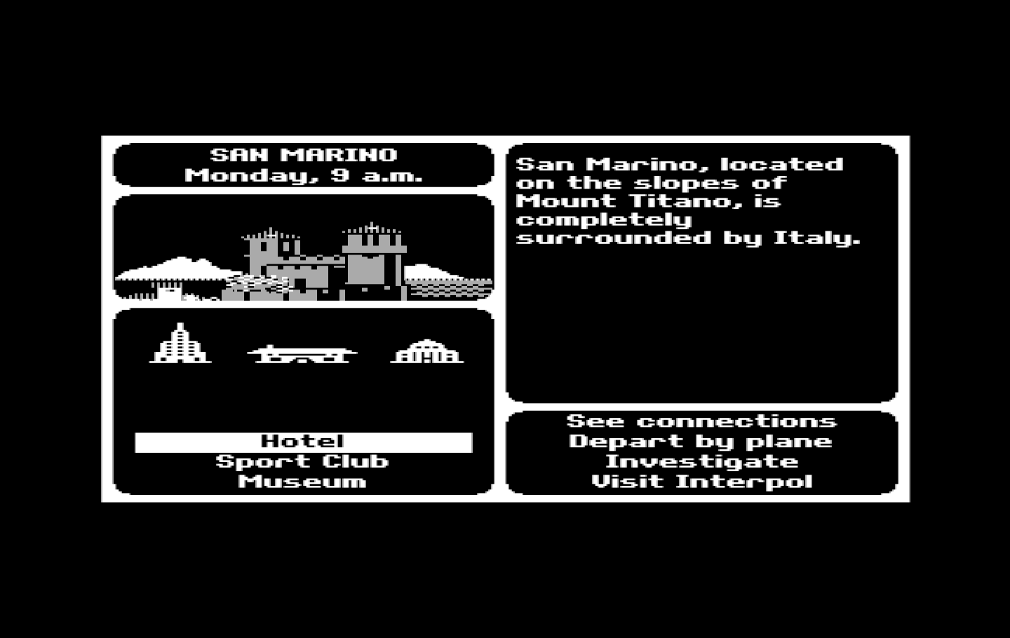 Where in the World is Carmen Sandiego? IBM PC/Compatibles Screenshot: Choose a location to investigate...