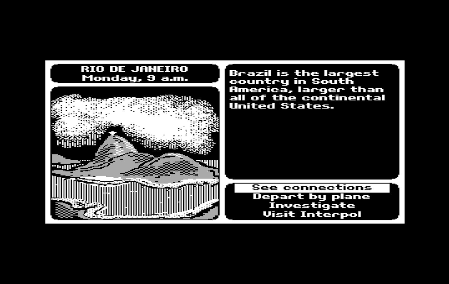 Where in the World is Carmen Sandiego? IBM PC/Compatibles Screenshot: Starting a new case in Rio De Janeiro...